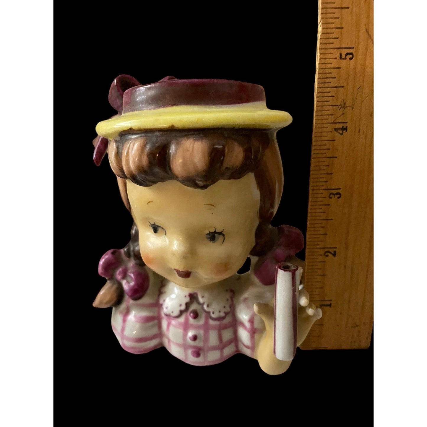 Napco 1950s Head Vase Planter Girl with Pigtails holding a book Japan Vintage MCM - pink dress, yellow hat - charming!