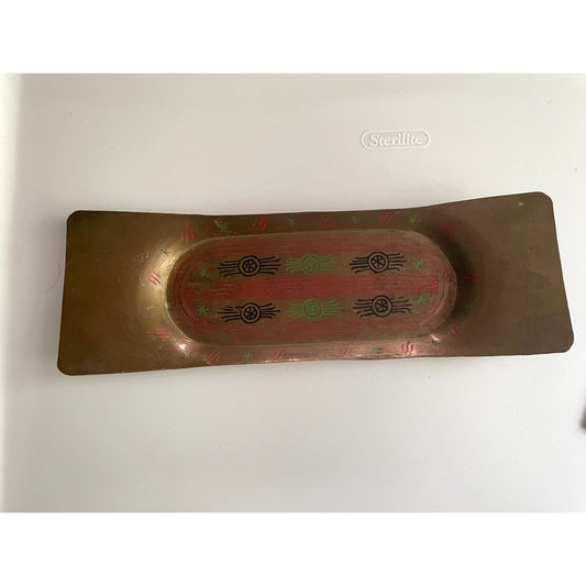 Vintage Hand Painted Brass Tray | Folk Art Decorative Catchall | Mid Century Boho Metal Tray