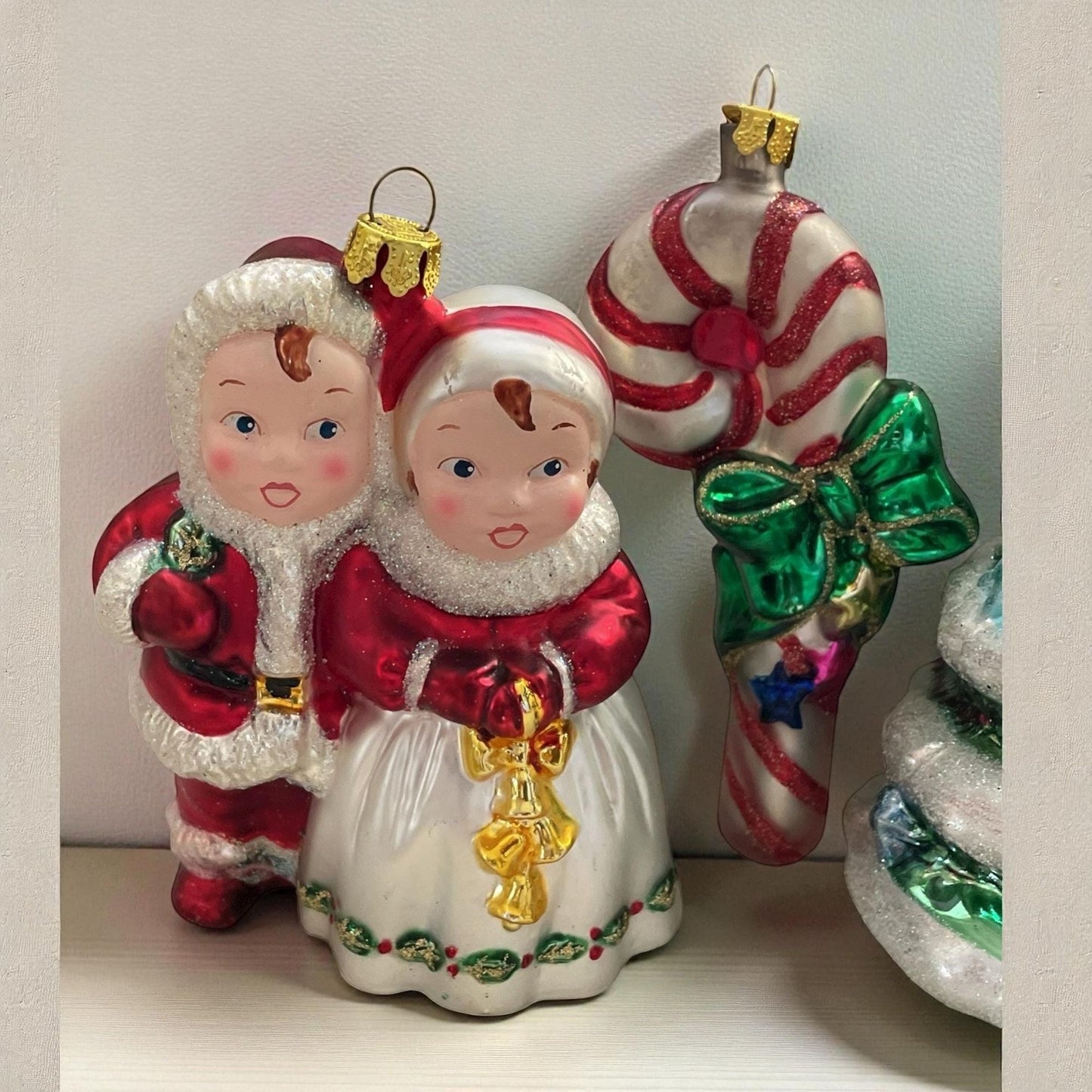 Lot of 4 Vintage BK Collection Blown Glass Christmas Ornaments Set – Santa/Mrs. Claus, Candy Cane, Christmas Tree & Bear