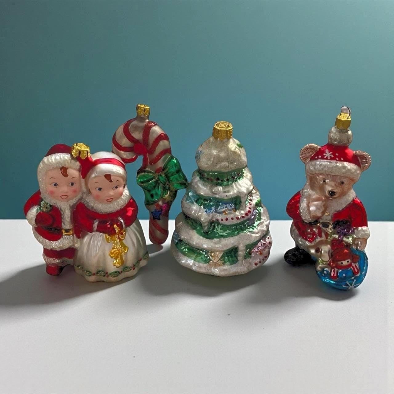 Lot of 4 Vintage BK Collection Blown Glass Christmas Ornaments Set – Santa/Mrs. Claus, Candy Cane, Christmas Tree & Bear