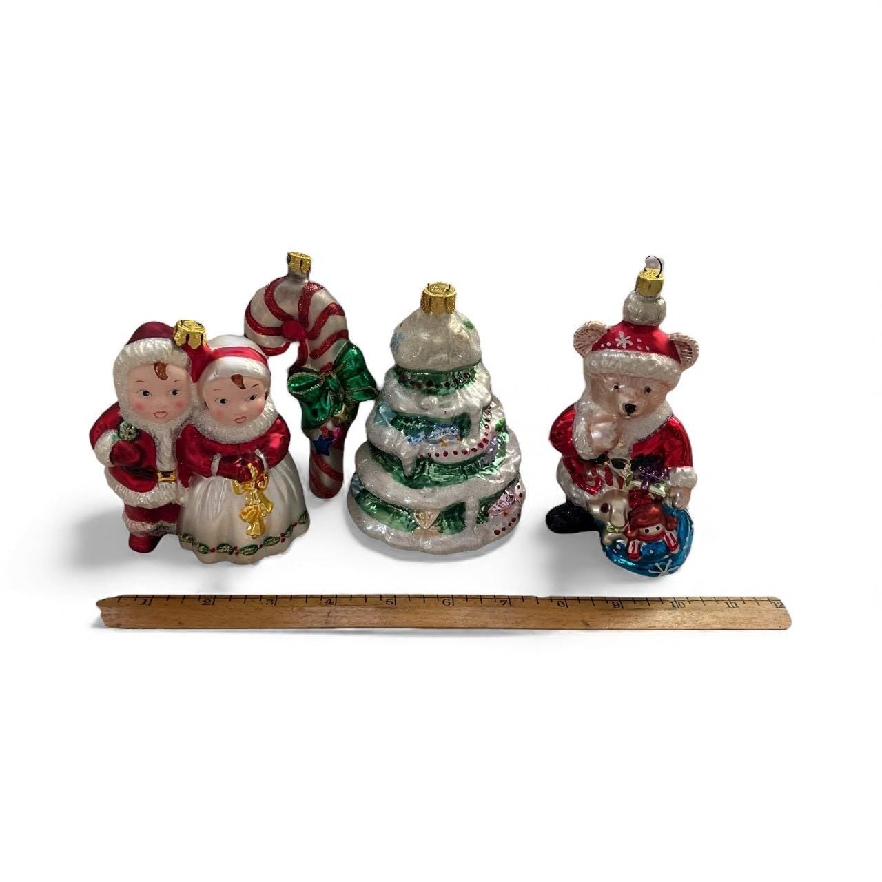 Lot of 4 Vintage BK Collection Blown Glass Christmas Ornaments Set – Santa/Mrs. Claus, Candy Cane, Christmas Tree & Bear