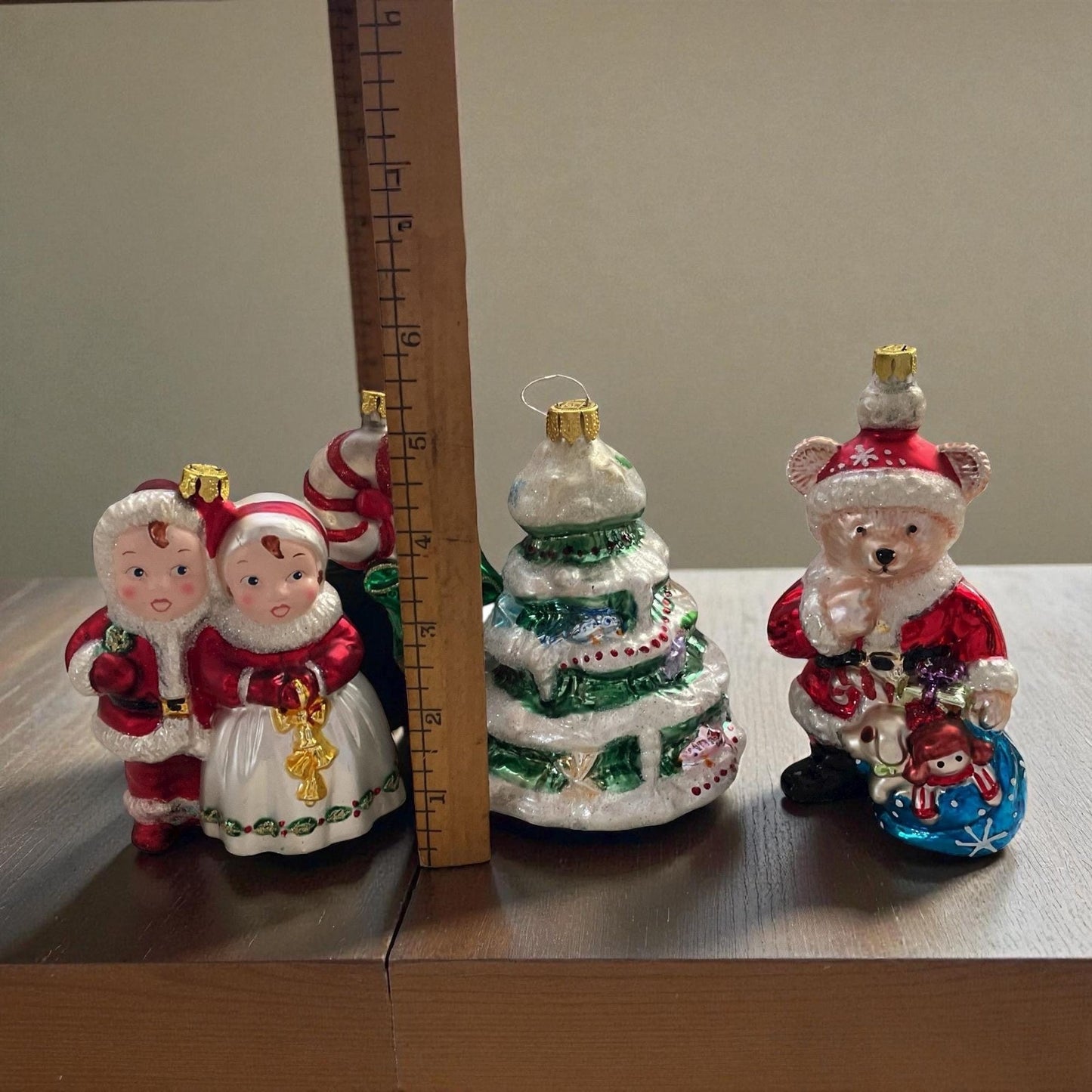 Lot of 4 Vintage BK Collection Blown Glass Christmas Ornaments Set – Santa/Mrs. Claus, Candy Cane, Christmas Tree & Bear