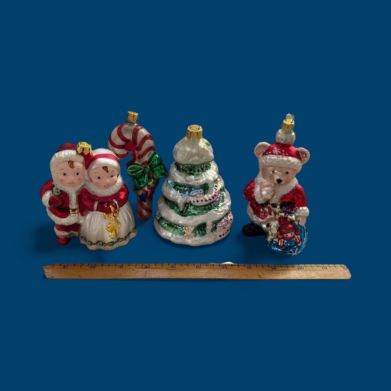 Lot of 4 Vintage BK Collection Blown Glass Christmas Ornaments Set – Santa/Mrs. Claus, Candy Cane, Christmas Tree & Bear