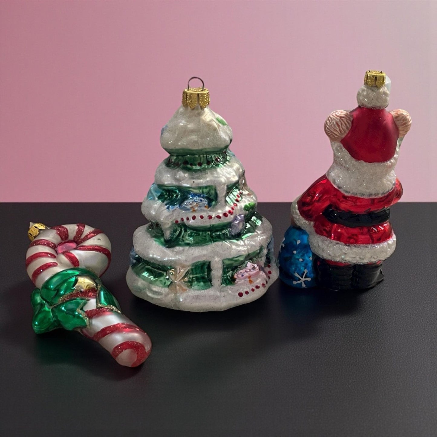 Lot of 4 Vintage BK Collection Blown Glass Christmas Ornaments Set – Santa/Mrs. Claus, Candy Cane, Christmas Tree & Bear