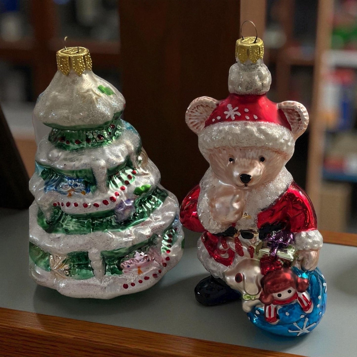 Lot of 4 Vintage BK Collection Blown Glass Christmas Ornaments Set – Santa/Mrs. Claus, Candy Cane, Christmas Tree & Bear