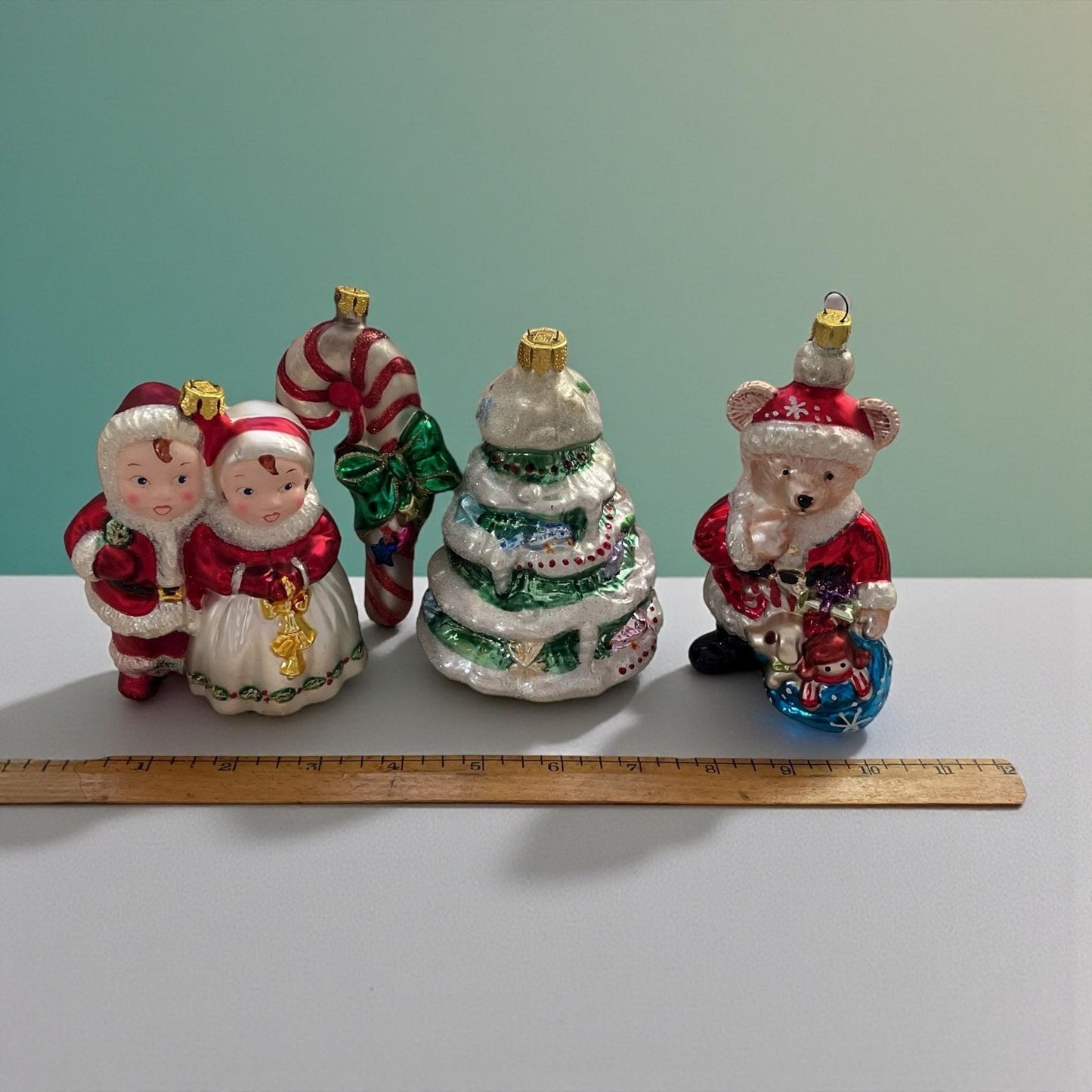 Lot of 4 Vintage BK Collection Blown Glass Christmas Ornaments Set – Santa/Mrs. Claus, Candy Cane, Christmas Tree & Bear
