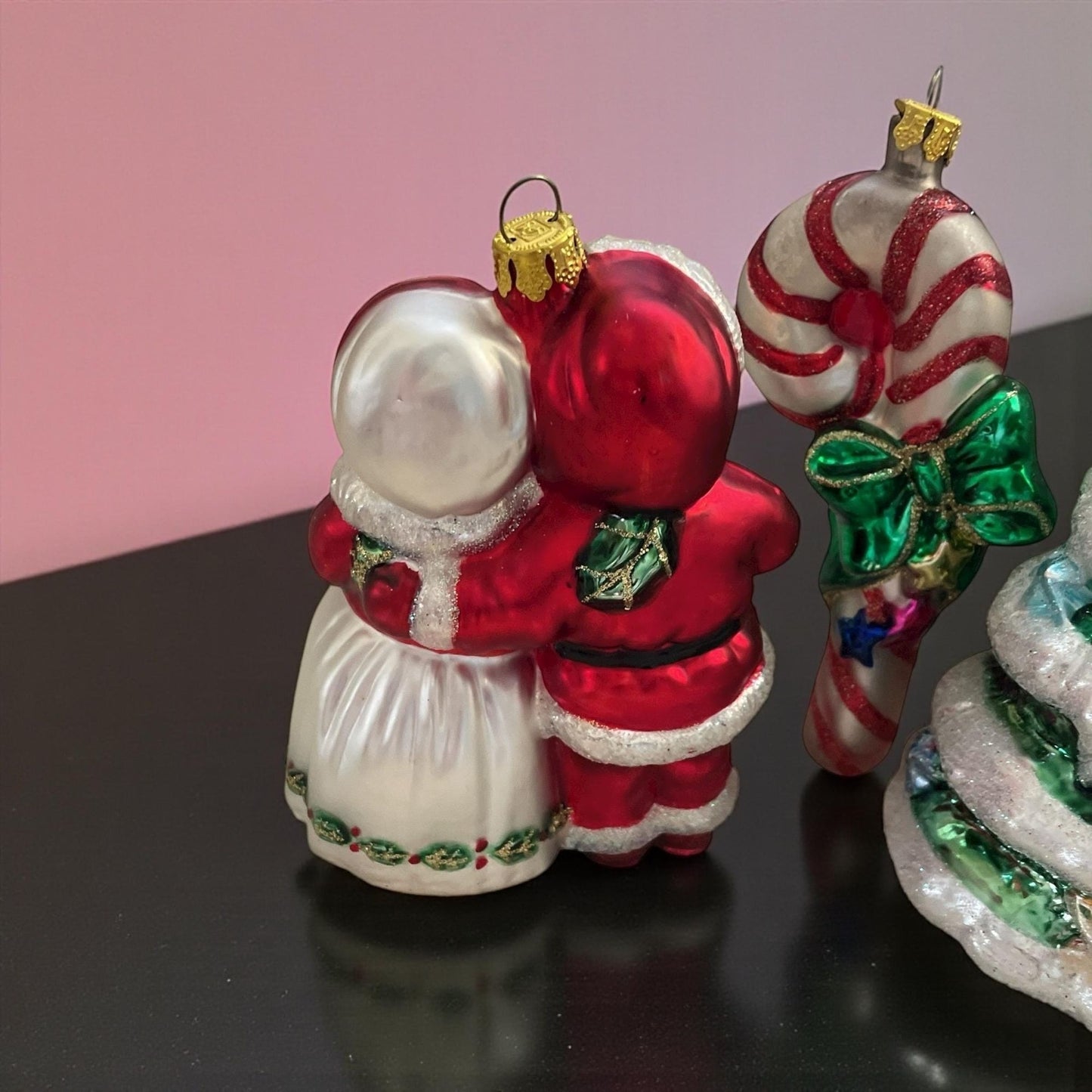 Lot of 4 Vintage BK Collection Blown Glass Christmas Ornaments Set – Santa/Mrs. Claus, Candy Cane, Christmas Tree & Bear