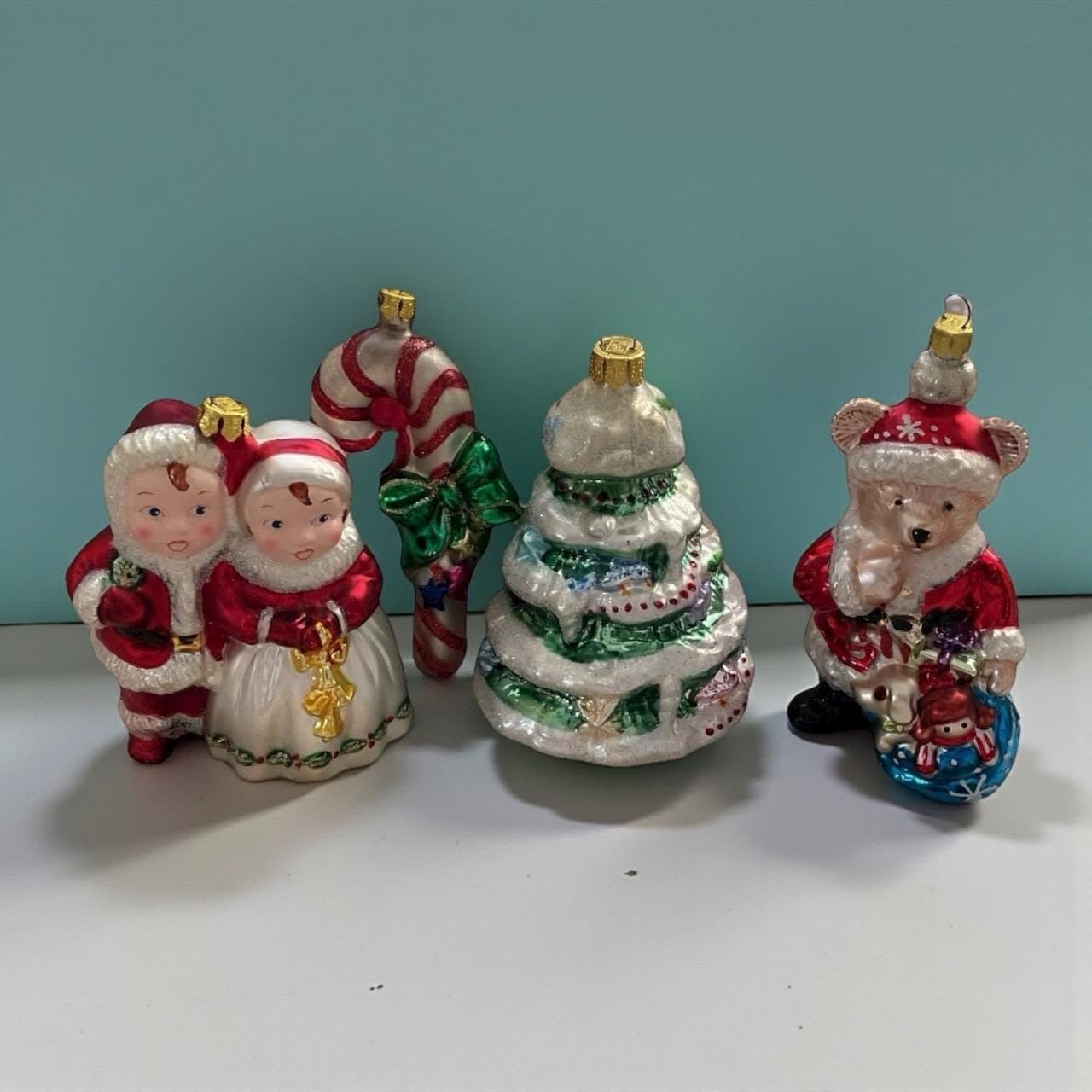 Lot of 4 Vintage BK Collection Blown Glass Christmas Ornaments Set – Santa/Mrs. Claus, Candy Cane, Christmas Tree & Bear