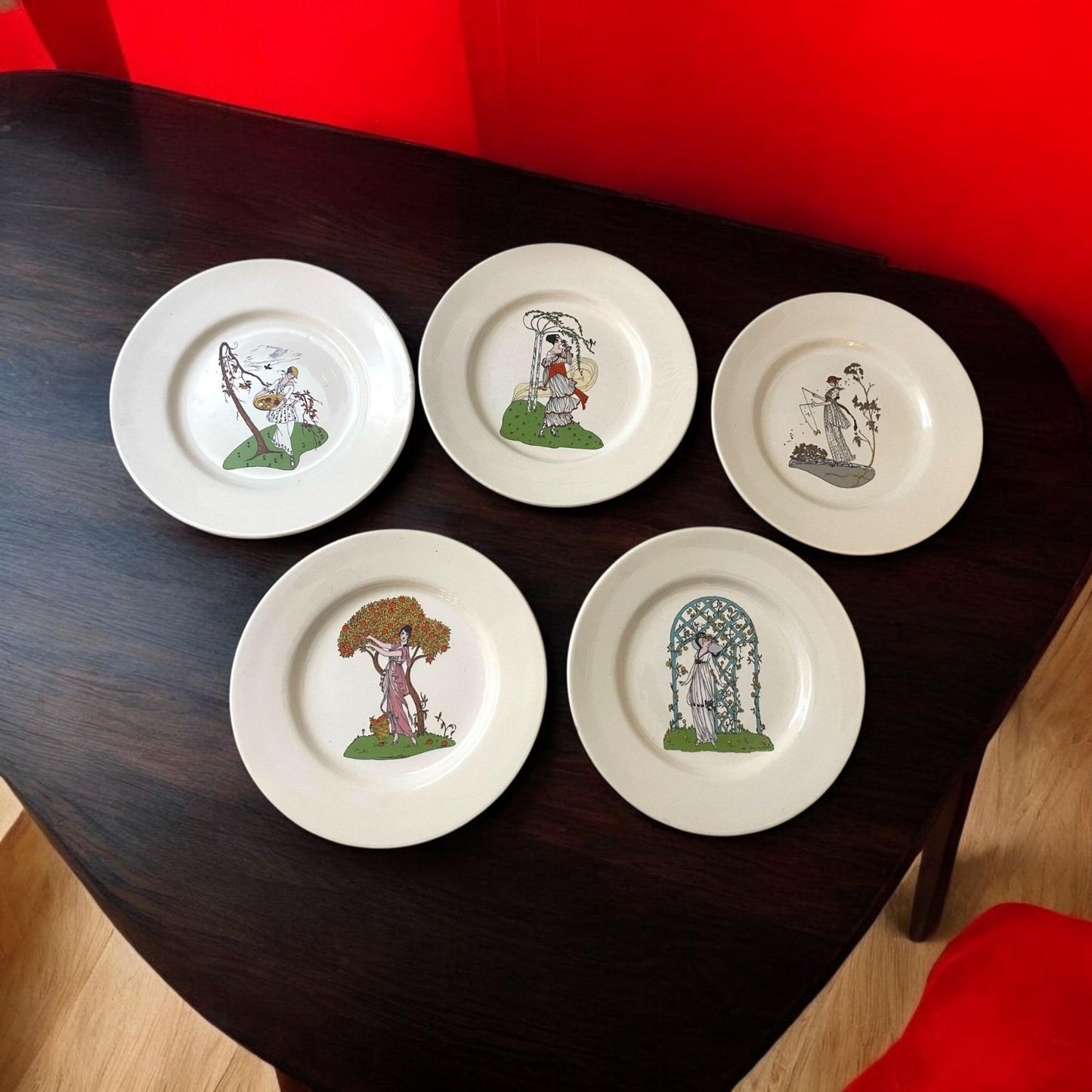 RARE Set of 5 JKW Bavaria Western Germany art deco women plates - wall plates, decorative plates, collectible plates