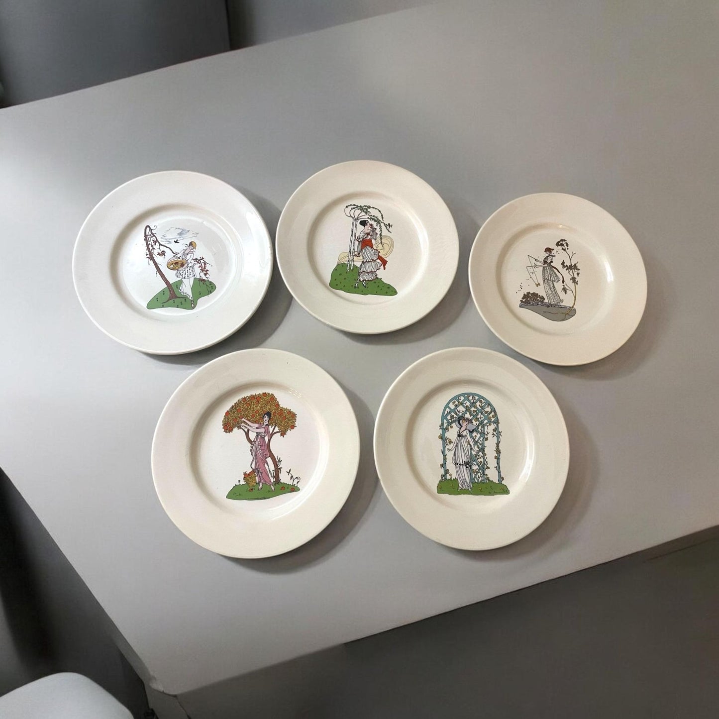 RARE Set of 5 JKW Bavaria Western Germany art deco women plates - wall plates, decorative plates, collectible plates