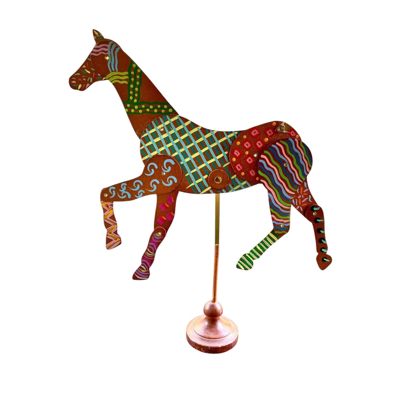 Vintage Hand Painted Horse Sculpture on Metal Stand | 15” Tall Folk Art Horse | Whimsical Boho Statement Home Decor