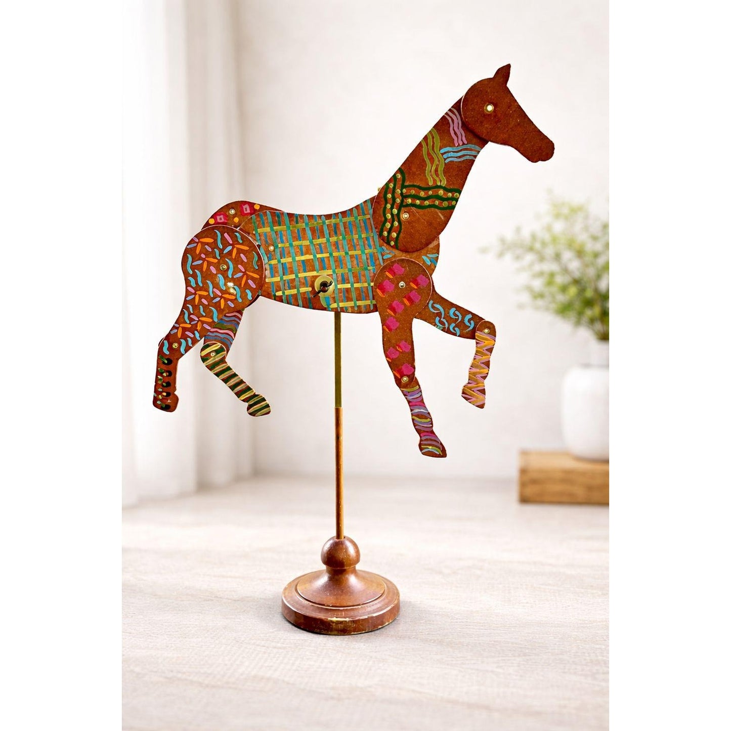 Vintage Hand Painted Horse Sculpture on Metal Stand | 15” Tall Folk Art Horse | Whimsical Boho Statement Home Decor