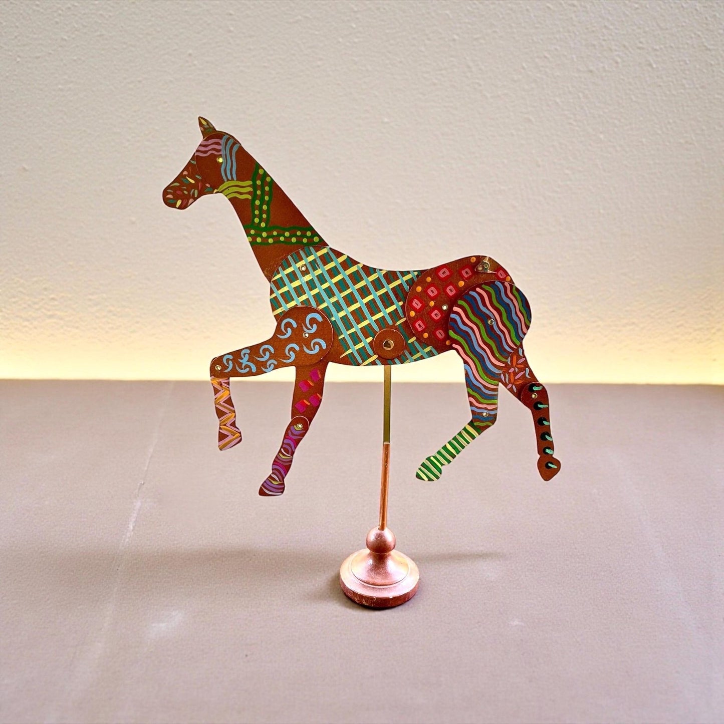 Vintage Hand Painted Horse Sculpture on Metal Stand | 15” Tall Folk Art Horse | Whimsical Boho Statement Home Decor