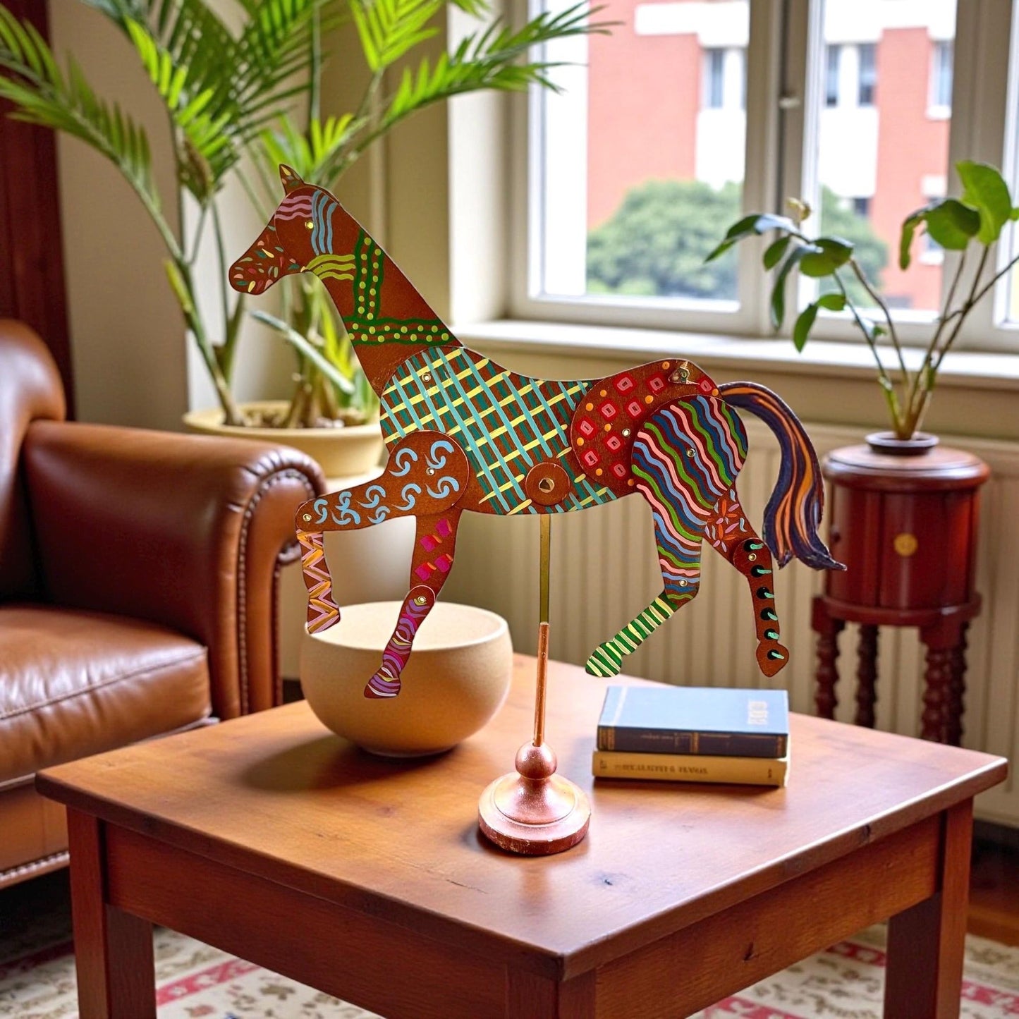 Vintage Hand Painted Horse Sculpture on Metal Stand | 15” Tall Folk Art Horse | Whimsical Boho Statement Home Decor