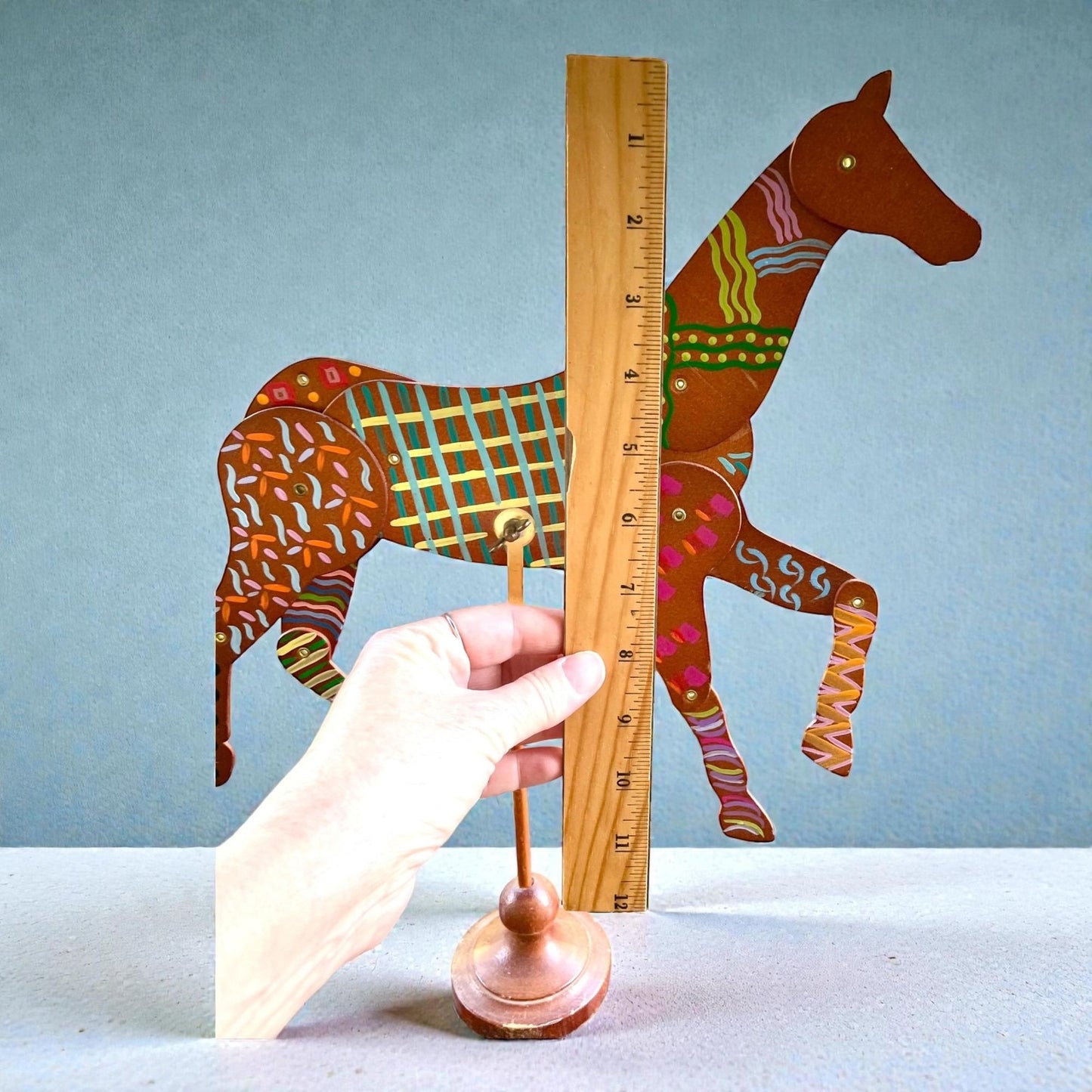 Vintage Hand Painted Horse Sculpture on Metal Stand | 15” Tall Folk Art Horse | Whimsical Boho Statement Home Decor