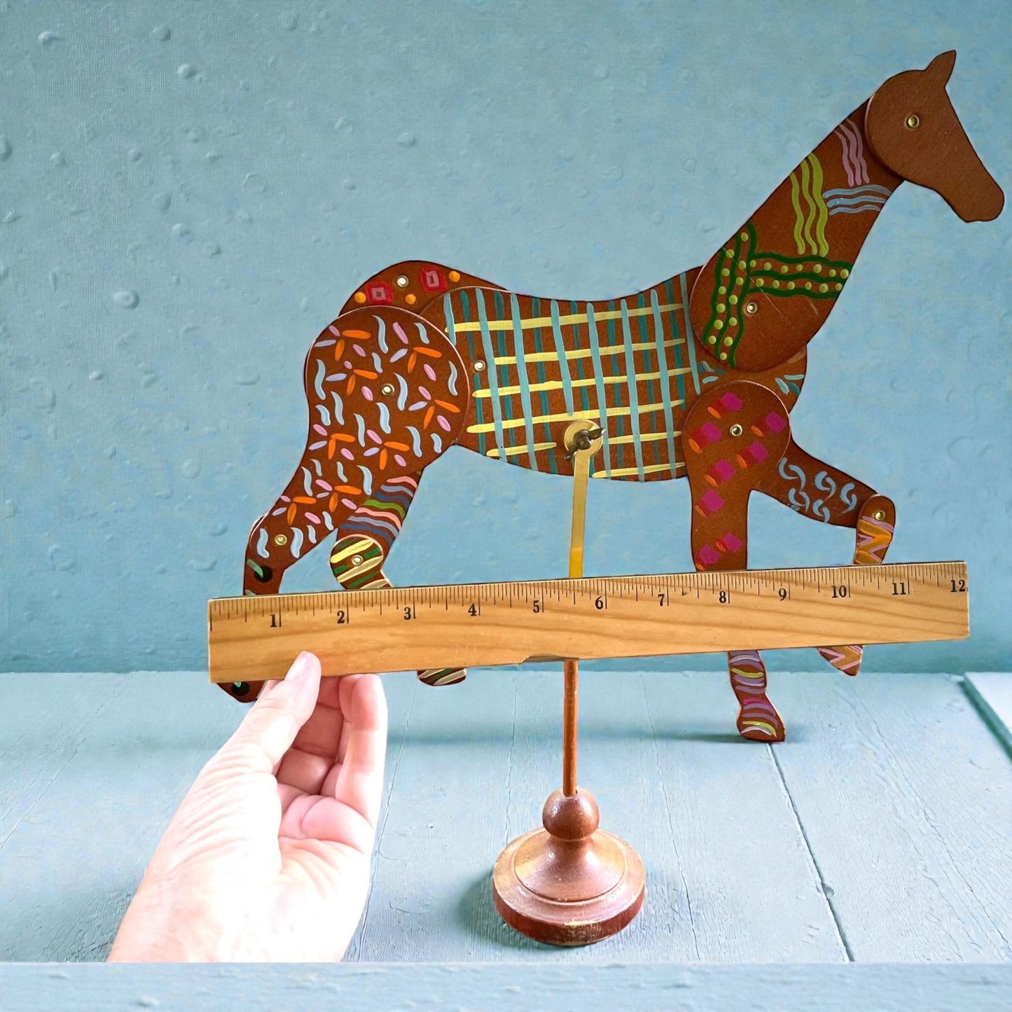 Vintage Hand Painted Horse Sculpture on Metal Stand | 15” Tall Folk Art Horse | Whimsical Boho Statement Home Decor