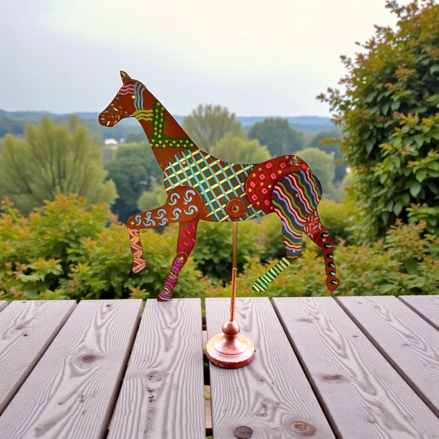 Vintage Hand Painted Horse Sculpture on Metal Stand | 15” Tall Folk Art Horse | Whimsical Boho Statement Home Decor