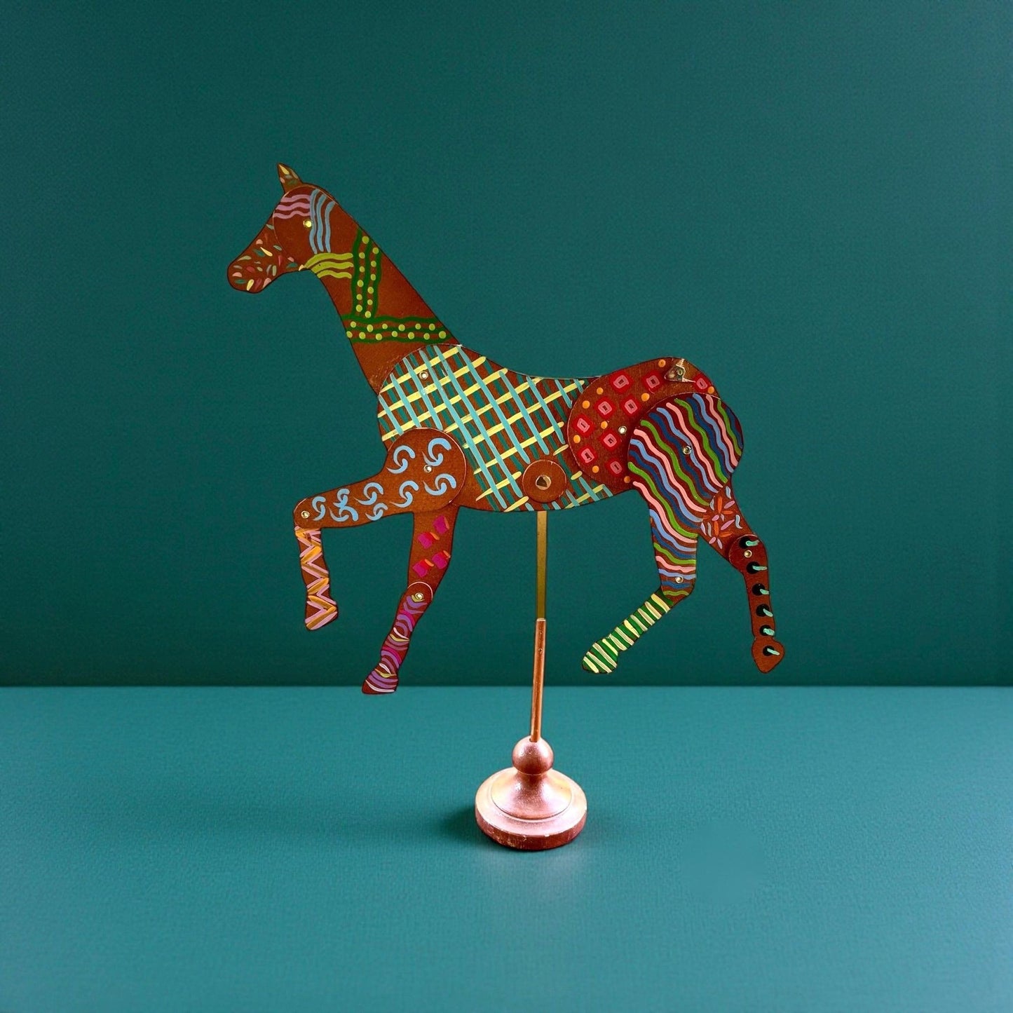 Vintage Hand Painted Horse Sculpture on Metal Stand | 15” Tall Folk Art Horse | Whimsical Boho Statement Home Decor