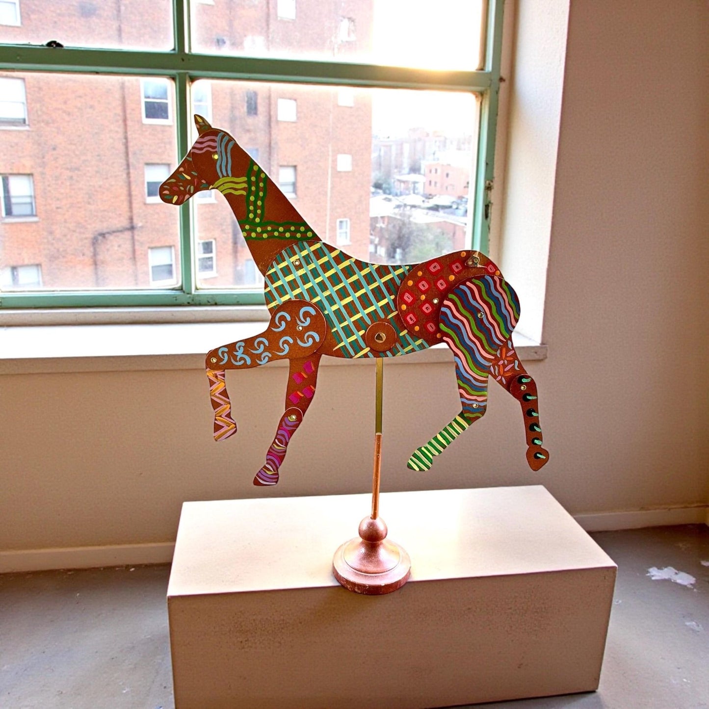 Vintage Hand Painted Horse Sculpture on Metal Stand | 15” Tall Folk Art Horse | Whimsical Boho Statement Home Decor