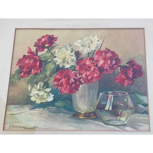 Vintage Floral Still Life Art Print – Framed J. Philippe Flower Artwork, Pink & White Carnations, Classic Wall Decor - 17" x 19"