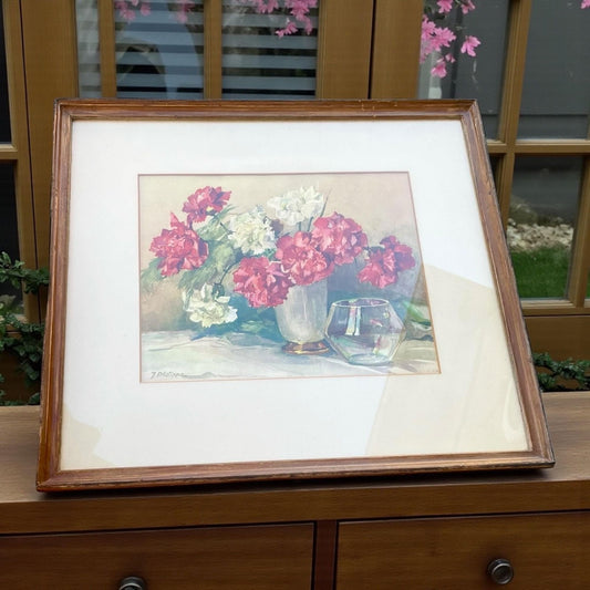 Vintage Floral Still Life Art Print – Framed J. Philippe Flower Artwork, Pink & White Carnations, Classic Wall Decor - 17" x 19"