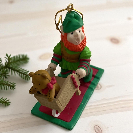 Vintage 1991 National Rennoc Elf & Teddy Bear Christmas Ornament – Wheelbarrow Holiday Decor