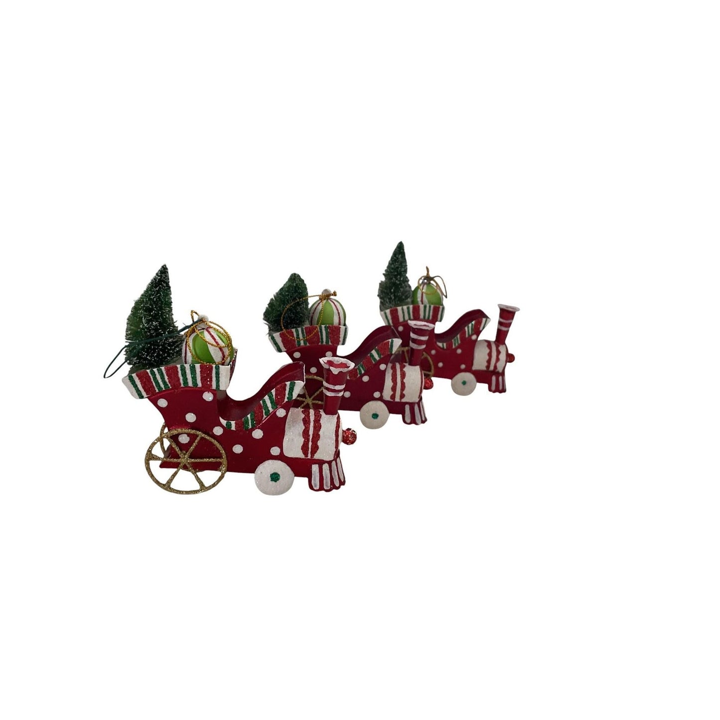 Set of 3 Metal Train Christmas Ornaments – Red Holiday Train Decor with Trees & Gifts – Festive Christmas Tree Decorations