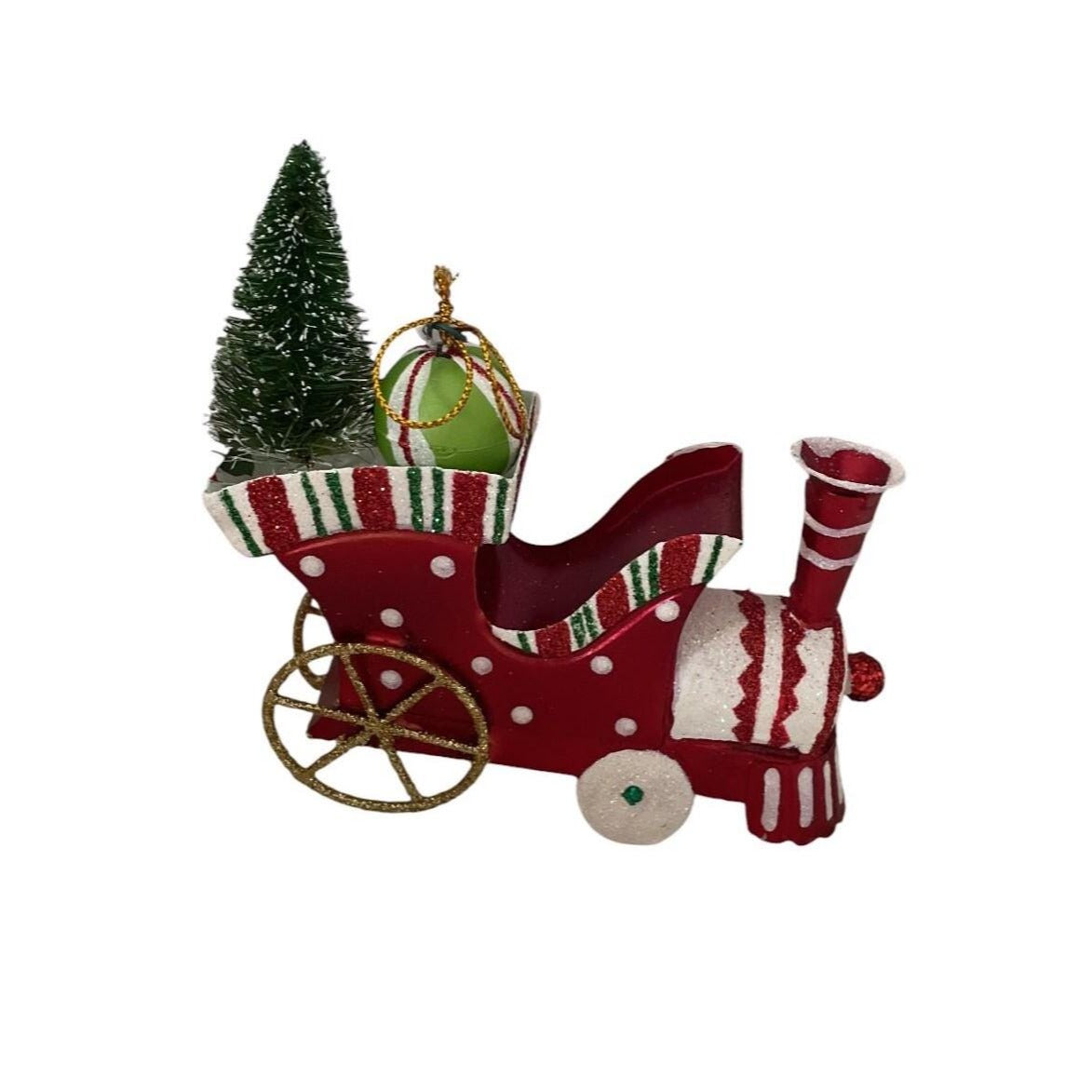 Set of 3 Metal Train Christmas Ornaments – Red Holiday Train Decor with Trees & Gifts – Festive Christmas Tree Decorations