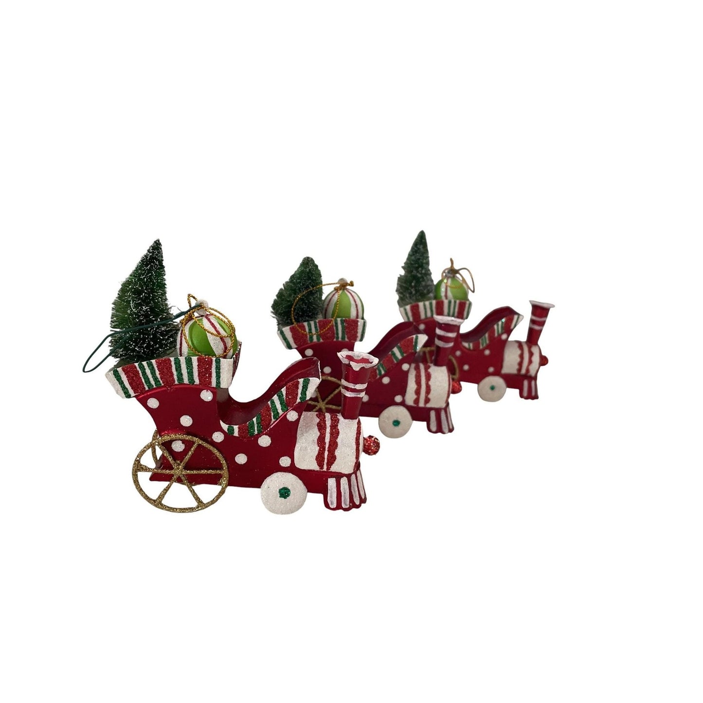 Set of 3 Metal Train Christmas Ornaments – Red Holiday Train Decor with Trees & Gifts – Festive Christmas Tree Decorations