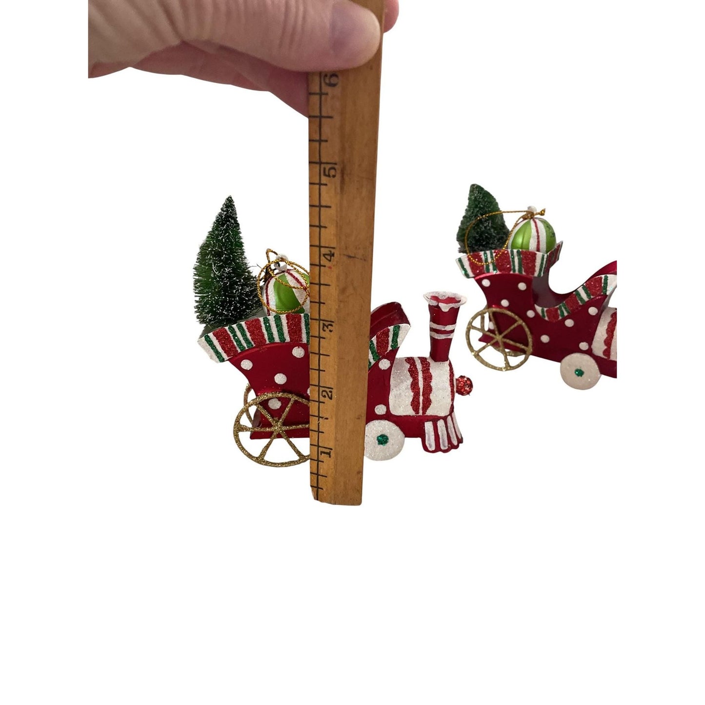 Set of 3 Metal Train Christmas Ornaments – Red Holiday Train Decor with Trees & Gifts – Festive Christmas Tree Decorations