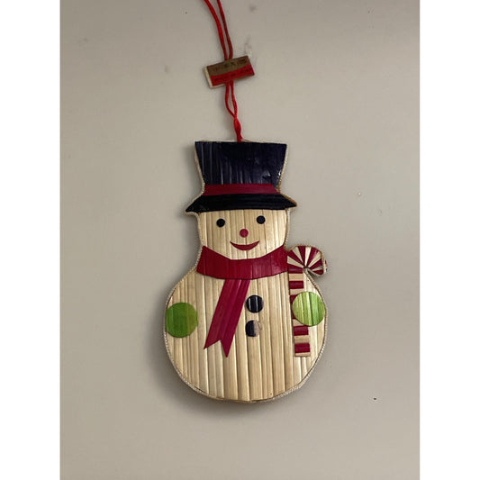 Vintage Bamboo Snowman Christmas Ornament – Handcrafted Rustic Holiday Décor